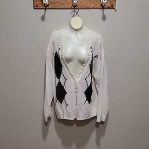 Cozy White Argyle Women's Sweater/ Completely Hand-Knitted